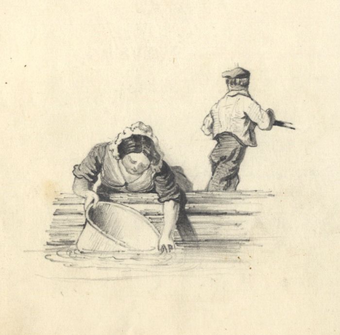 Continental 19th Century Graphite Drawing - At the Trough