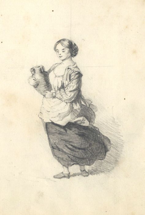 Continental 19th Century Graphite Drawing - Woman Carrying Vase