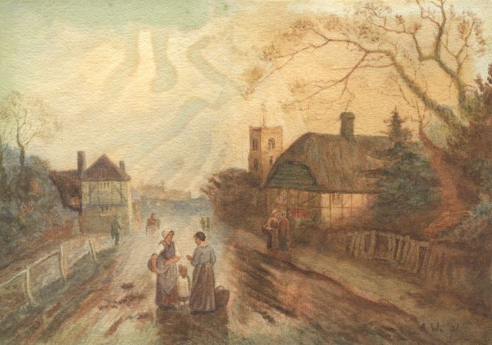 A. W. - 1871 Watercolour, Village Life