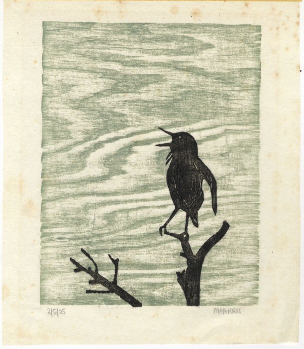 M. Harris - 1925 Woodblock, Singing Bird