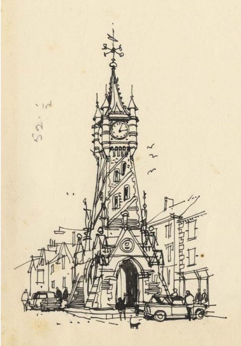 Paul Sharp - 1963 Pen and Ink Drawing, Clock Tower, Machynlleth