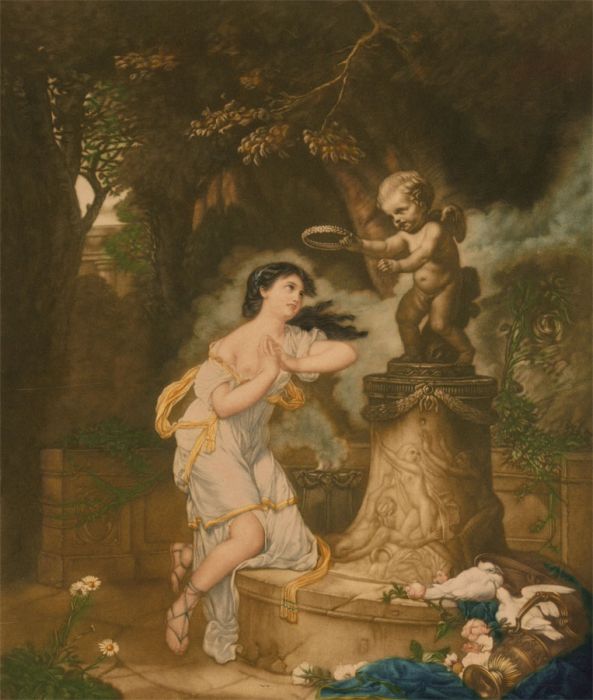 John Cother Webb - Early 20th Century Mezzotint, Woman with Cherub Statue