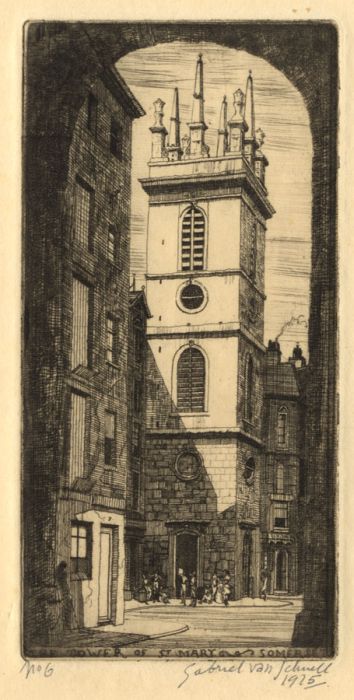 Gabriel van Schnell - 1925 Etching, The Tower of St. Mary, Somerset