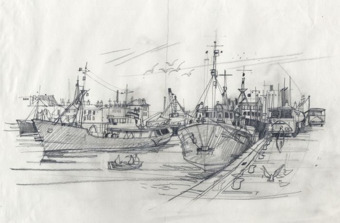 Paul Sharp - Mid 20th Century Graphite Drawing, Ferry Port