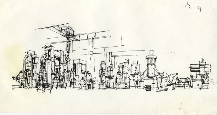 Paul Sharp - Mid 20th Century Pen and Ink Drawing, Warehouse Scene