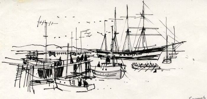 Paul Sharp - Mid 20th Century Pen and Ink Drawing, Ship on the Medway