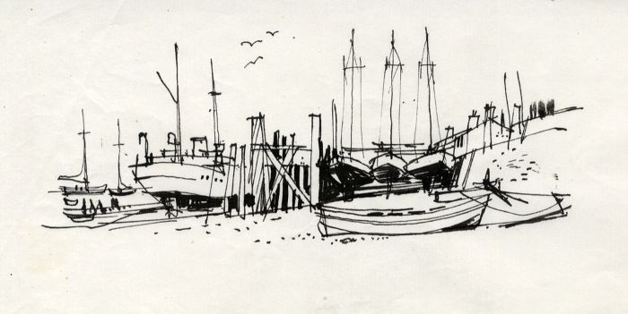 Paul Sharp - Mid 20th Century Pen and Ink Drawing, Yachts, Burnham-on-Crouch