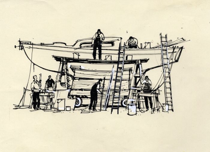 Paul Sharp - Mid 20th Century Pen and Ink Drawing, Working in the Boatyard