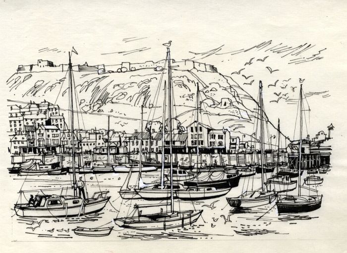 Paul Sharp - Mid 20th Century Pen and Ink Drawing, Busy Harbour Scene