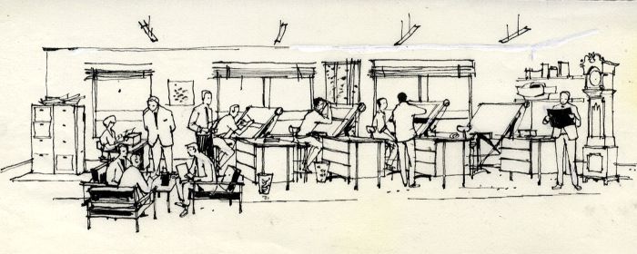 Paul Sharp - Mid 20th Century Pen and Ink Drawing, The Architects