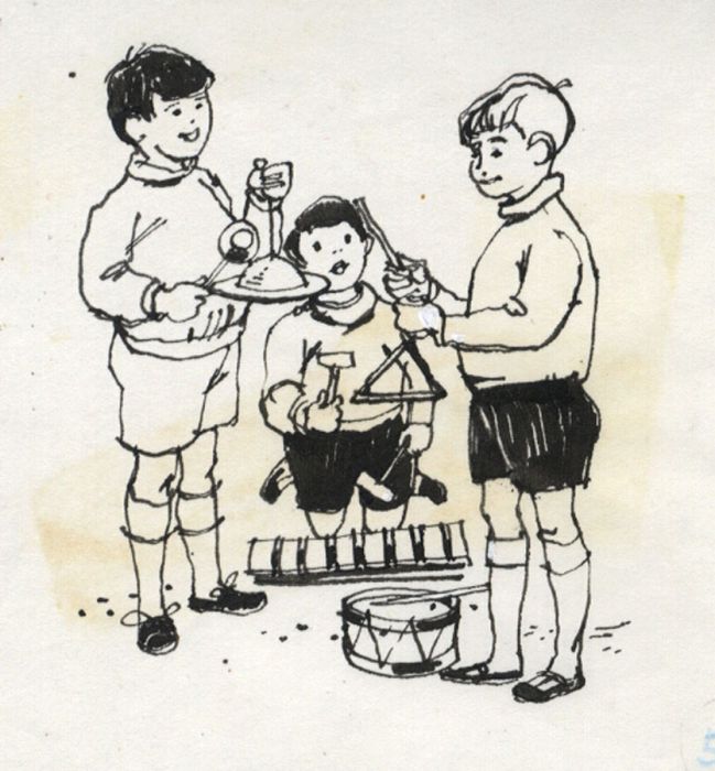 Paul Sharp - Mid 20th Century Pen and Ink Drawing, Children with Instruments