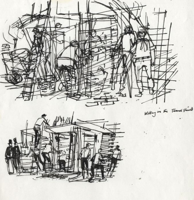 Paul Sharp - 1966 Pen and Ink Drawing, Working in the Tunnel