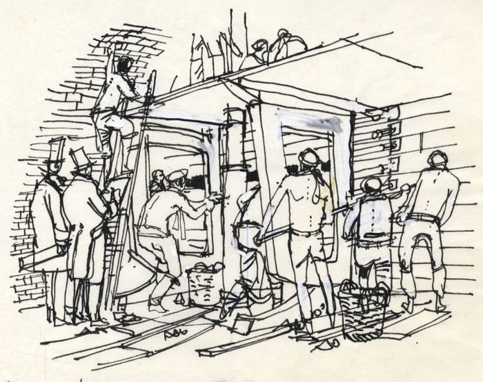 Paul Sharp - 1966 Pen and Ink Drawing, Industrial Workers