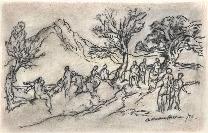 Adrian Hill - 1976 Charcoal Drawing, And Lots of People Came...