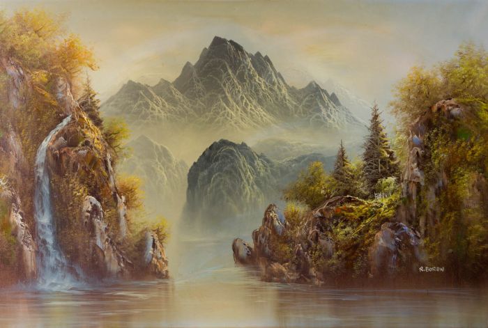 R. Boren - Mid 20th Century Oil, Mountains with Waterfall