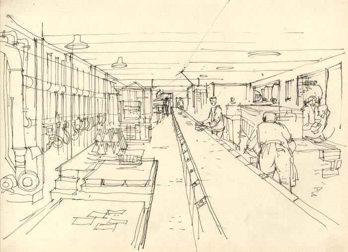 Paul Sharp - Mid 20th Century Pen and Ink Drawing, At Work