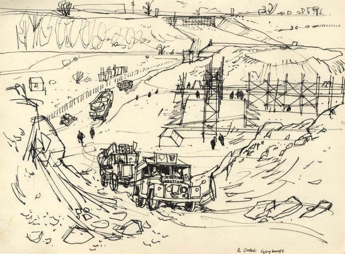 Paul Sharp - Mid 20th Century Pen and Ink Drawing, M1 Construction nr. Gayhurst