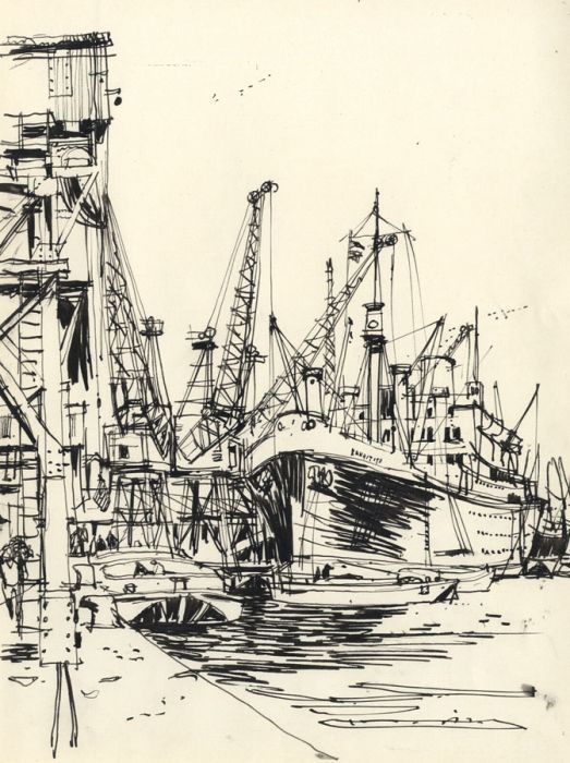 Paul Sharp - Mid 20th Century Pen and Ink Drawing, Ship on the Thames