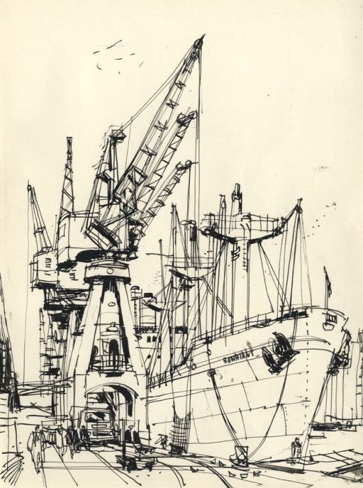 Paul Sharp - Mid 20th Century Pen and Ink Drawing, Ship on the Thames