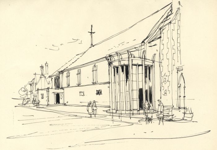 Paul Sharp - Mid 20th Century Pen and Ink Drawing, Exterior of church