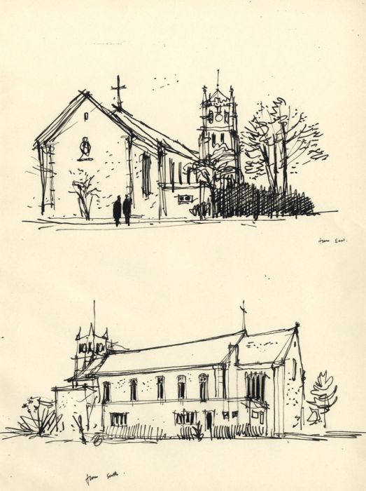 Paul Sharp - Mid 20th Century Pen and Ink Drawing, Two church exteriors