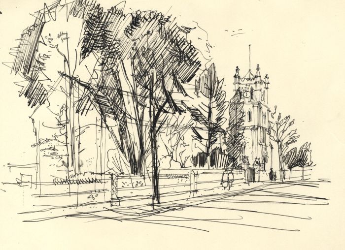 Paul Sharp - Mid 20th Century Pen and Ink Drawing, Church exterior