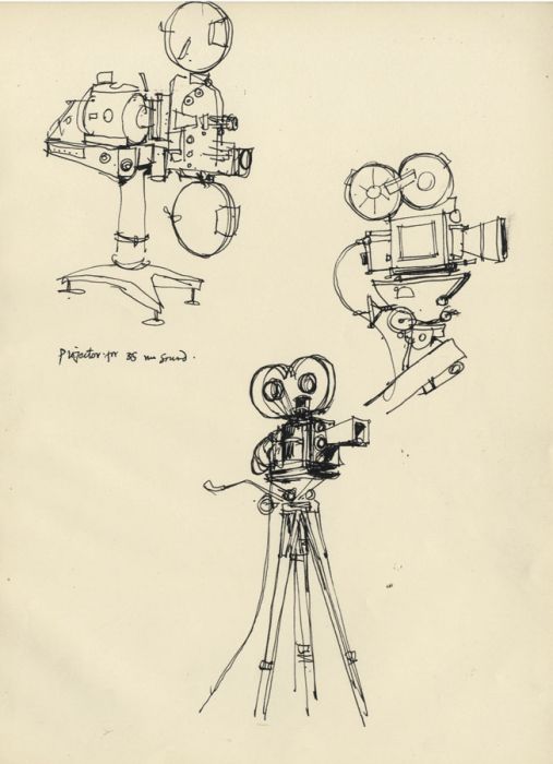 Paul Sharp - Mid 20th Century Pen and Ink Drawing, Film cameras