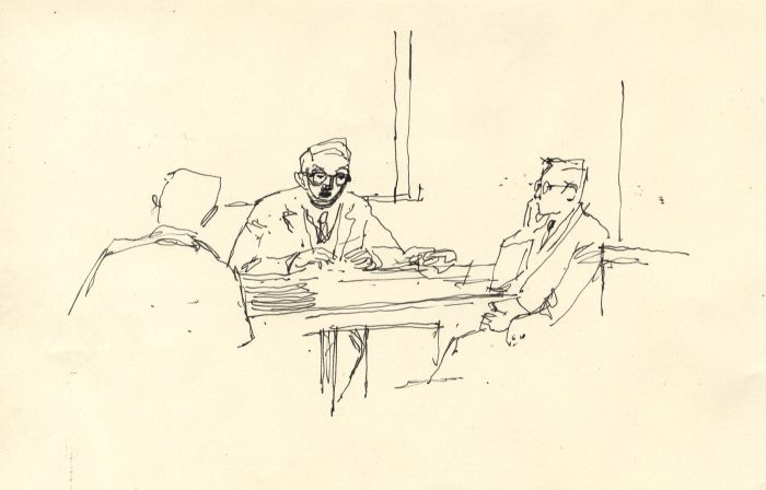 Paul Sharp - Mid 20th Century Pen and Ink Drawing, In the Office