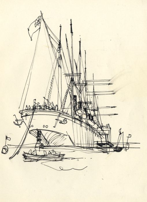 Paul Sharp - Mid 20th Century Pen and Ink Drawing, Ship at anchor