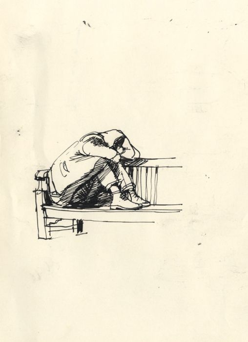 Paul Sharp - Mid 20th Century Pen and Ink Drawing, Man sleeping on park bench