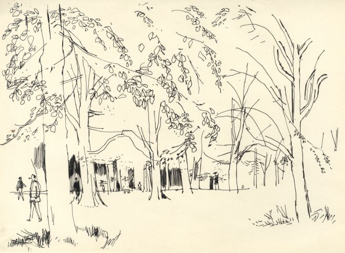 Paul Sharp - Mid 20th Century Pen and Ink Drawing, Forest with figures