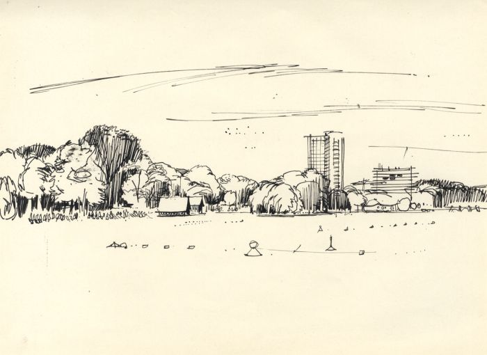 Paul Sharp - Mid 20th Century Pen and Ink Drawing, Trees with buildings