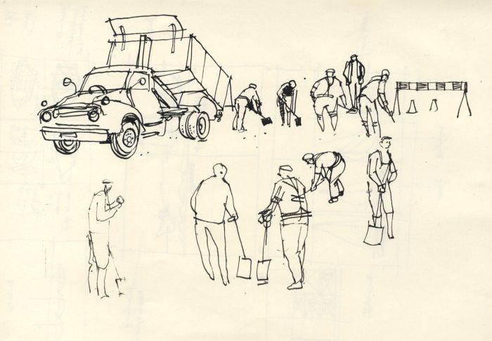 Paul Sharp - Mid 20th Century Pen and Ink Drawing, Men working on road
