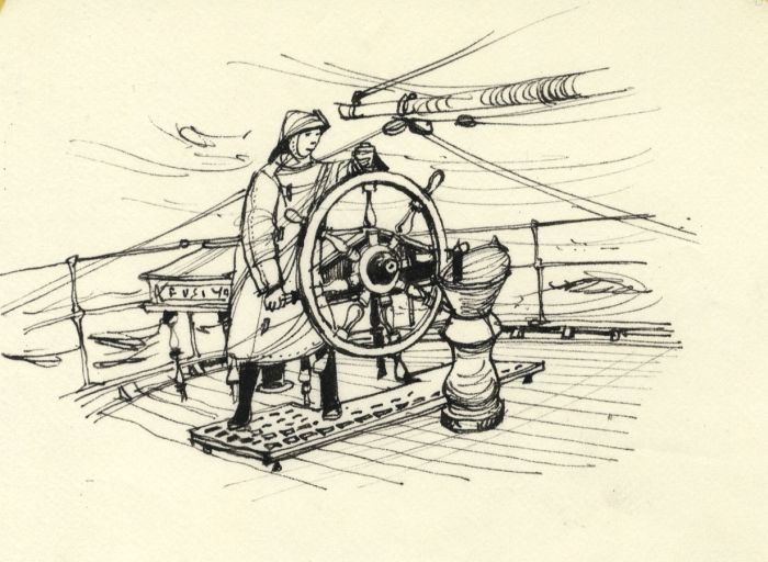 Paul Sharp - 1958 Pen and Ink Drawing, Turning the Ship's Wheel