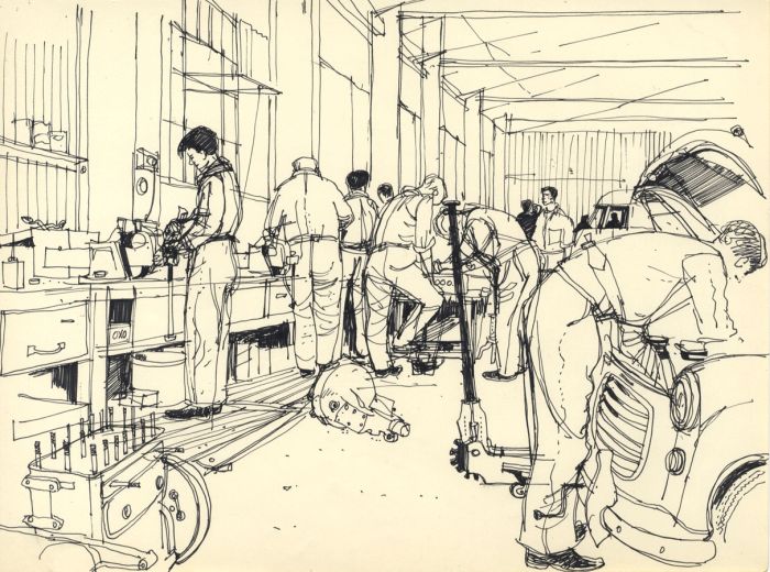 Paul Sharp - 1958 Pen and Ink Drawing, Workshop Scene