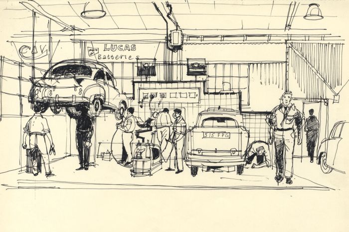 Paul Sharp - 1958 Pen and Ink Drawing, Garage Scene