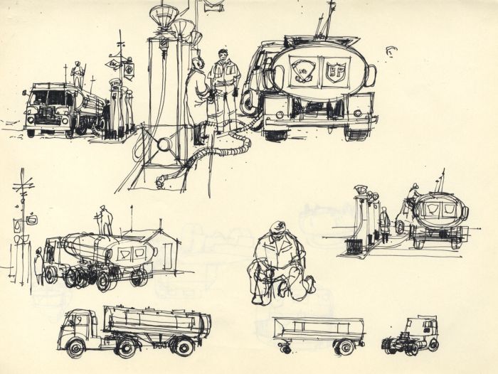 Paul Sharp - 1958 Pen and Ink Drawing, Shell Garage