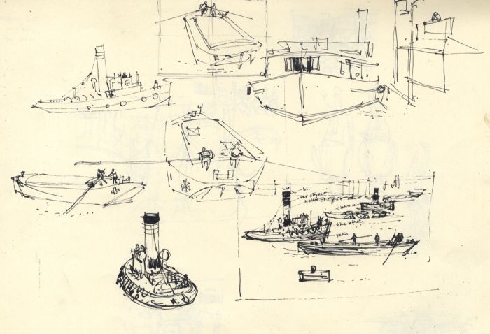 Paul Sharp - 1958 Pen and Ink Drawing, Boat Sketches