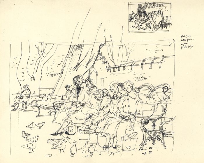Paul Sharp - 1958 Pen and Ink Drawing, Feeding the Birds