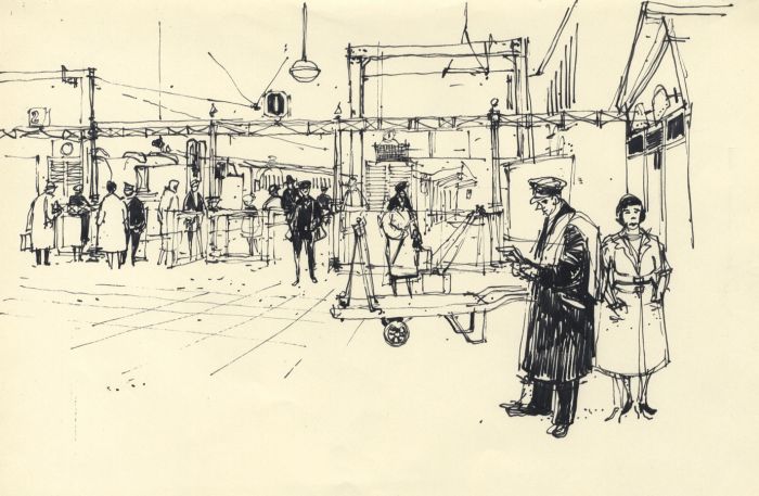 Paul Sharp - 1958 Pen and Ink Drawing, Warehouse Scene