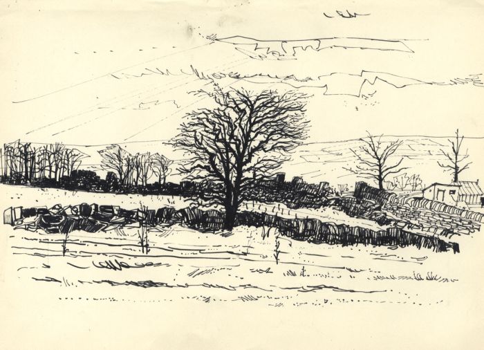 Paul Sharp - 1958 Pen and Ink Drawing, Rural Landscape