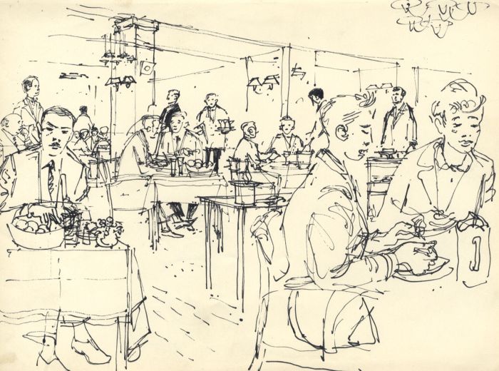 Paul Sharp - 1958 Pen and Ink Drawing, Restaurant Scene