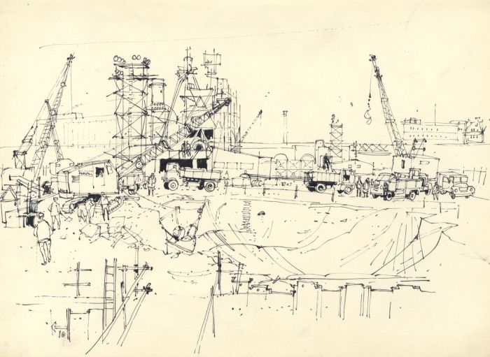 Paul Sharp - 1958 Pen and Ink Drawing, Industrial Site