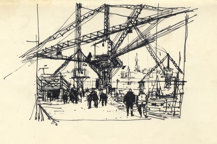 Paul Sharp - 1958 Pen and Ink Drawing, Industrial Scene