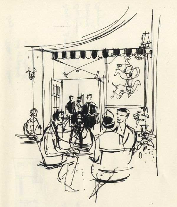 Paul Sharp - 1969 Pen and Ink Drawing, Cafe Scene