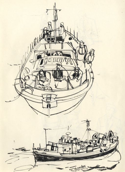 Paul Sharp - 1969 Pen and Ink Drawing, Lifeboats at Sea
