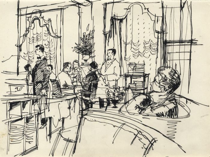Paul Sharp - 1969 Pen and Ink Drawing, Restaurant Scene