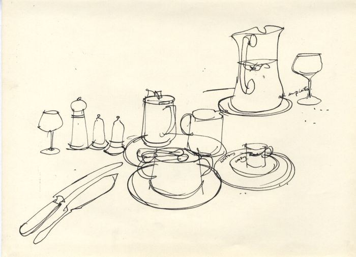Paul Sharp - 1969 Pen and Ink Drawing, Cutlery and Crockery
