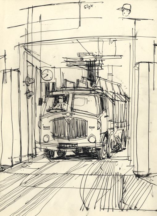 Paul Sharp - Pair of Mid 20th Century Pen and Ink Drawings, Trucks