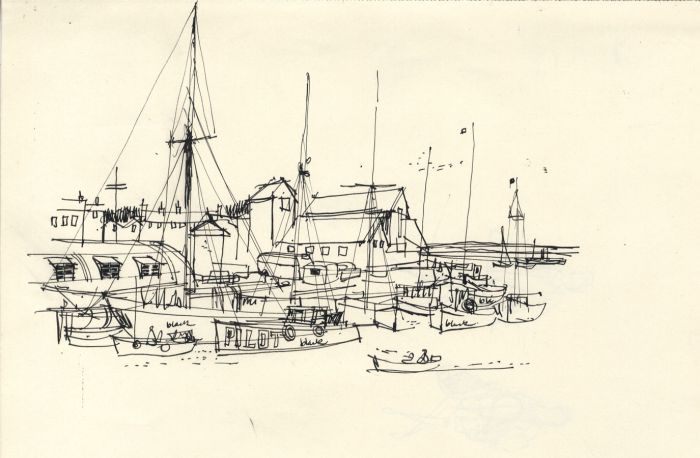 Paul Sharp - Mid 20th Century Pen and Ink Drawing, Boats in Harbour